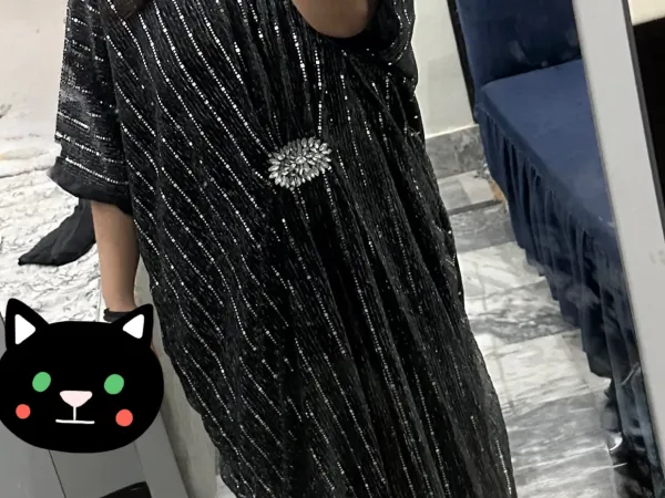 Black Sequined Kaftan with Silver Stripes and Brooch for Sale