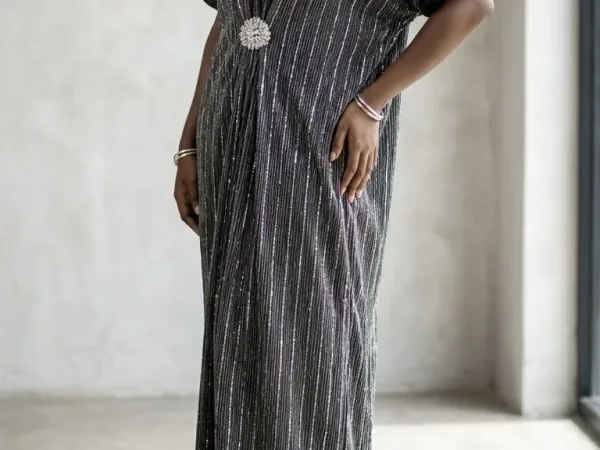 Black Sequined Kaftan with Silver Stripes and Brooch for Sale