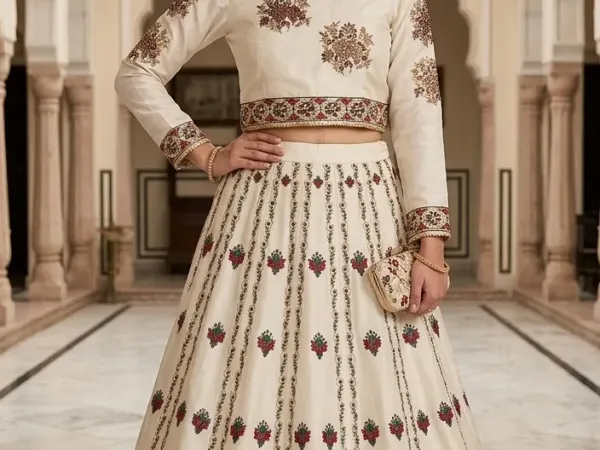 Elegant 3-piece Ivory tissue silk Lehenga Set with Floral Print