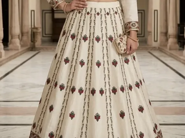 Elegant 3-piece Ivory tissue silk Lehenga Set with Floral Print