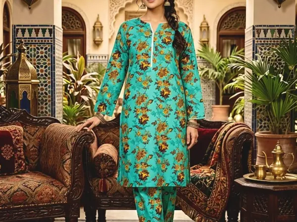 Turquoise Floral Cotton Lawn 2-Pieces Set For Women