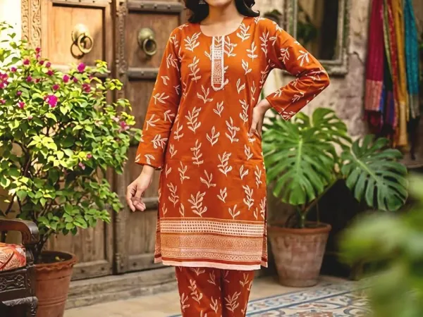 Orange Printed Cotton Lawn 2-Pieces Set For Women