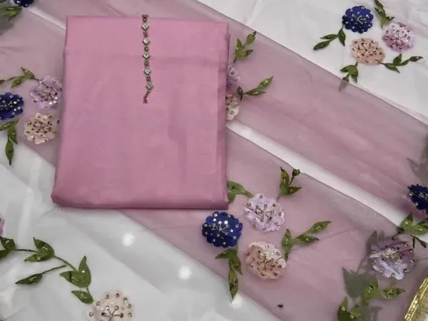 *Product Name*: Pink Katan Silk 3-Piece Wedding Set with Beaded Dupatta *Product Description