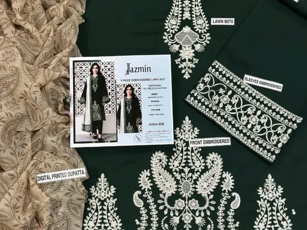 *Product Name*: Green Lawn 3-Piece Suit with Silver Embroidery for Women *Product Description*: