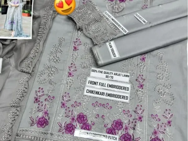 Grey Embroidered 3Pcs Lawn Suit with Chikenkari Dupatta